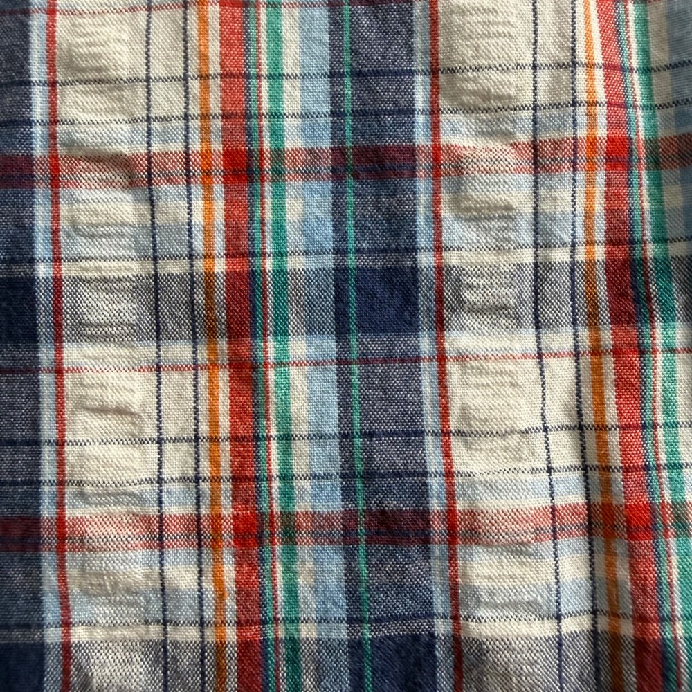 Lands End Mens Medium Blue Orange Plaid Seersucker Short Sleeve Button Down Shir - Picture 6 of 10
